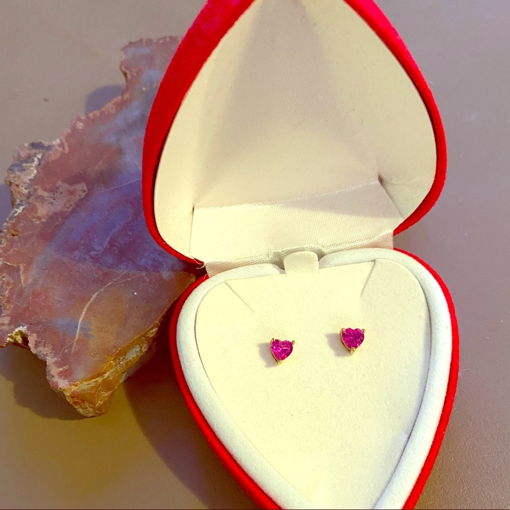 Dark pink rhinestone heart-shape pierced earrings